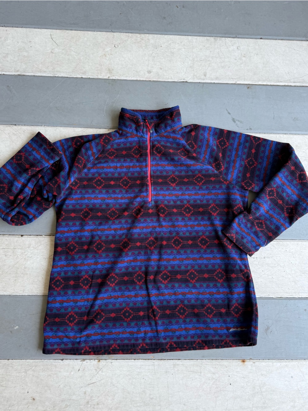 Eddie Bauer Navy Blue and Red Patterned Fleece Quarter-Zip Pullover